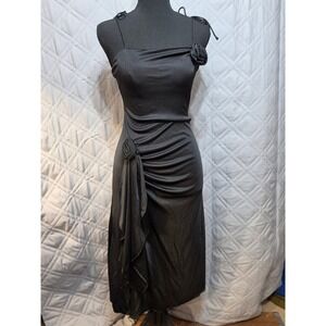 Vintage ILGWU Black Rosette Ruched Midi Cocktail Dress Square Neck Size M-2 READ